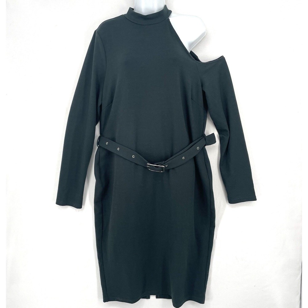 Fashion Nova Cold Shoulder Sweater Dress Size 2X‎ Green Belted Mock Neck Midi